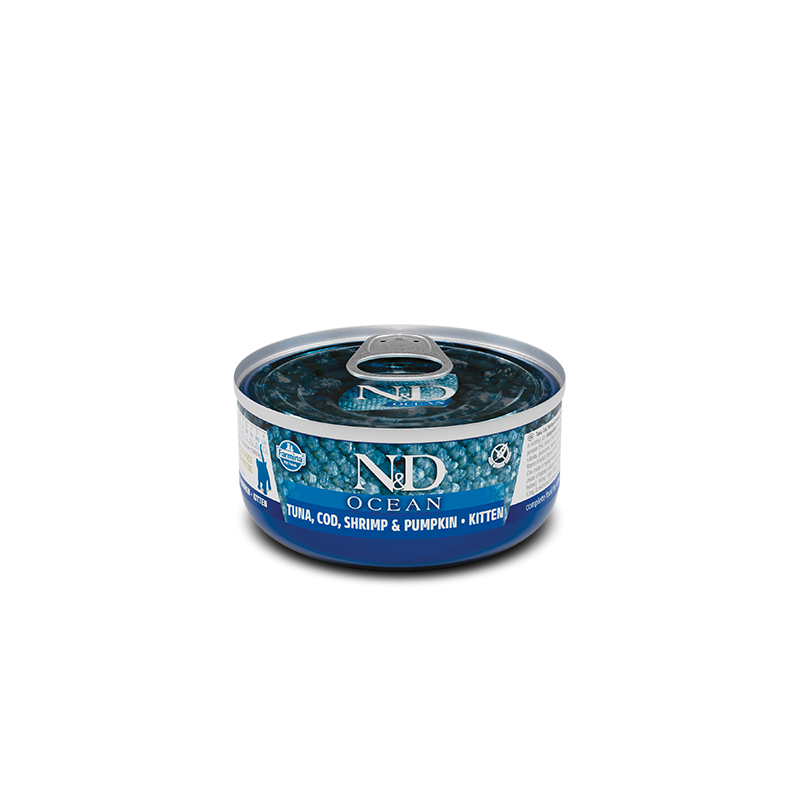N&D Ocean Feline Atún, Bacalao, Camarones & Calabaza Kitten (gatito) Lata 80gr N&D Ocean Feline Atún, Bacalao, Camarones & Calabaza Kitten (gatito) Lata 80gr